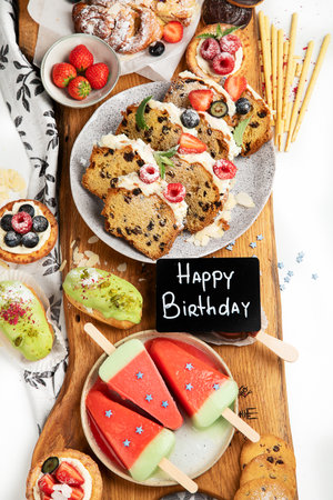 Healthy summer desserts. Different desserts on white background. top viewの写真素材