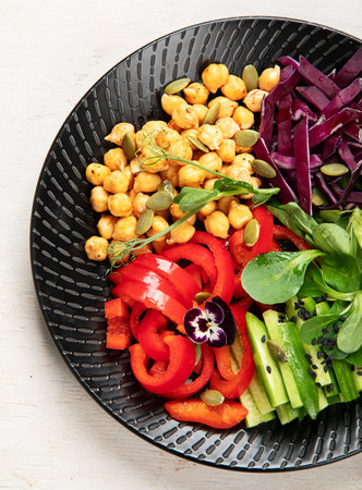 Vegan dish, healthy diet on white background. top view, copy spaceの写真素材