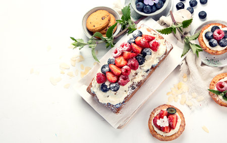 Dessert table. Top view, Summer cake with berries. Healthy dessert concept. top view, copy space