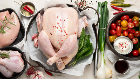 Poultry. Carcass and meat in pieces with vegetables. Meat composition on a white background. top view.の写真素材