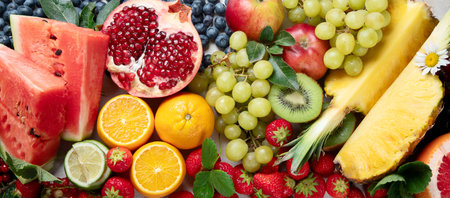 Fresh fruits, assorted fruits on a white background. Vitamins natural nutrition concept. panorama.