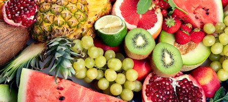 Fresh fruits, assorted fruits on a white background. Vitamins natural nutrition concept.の写真素材