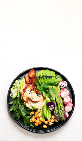 Healthy vegetarian, vegan dish with vitamins, antioxidants, protein, fiber on light background. top view, copy spaceの写真素材