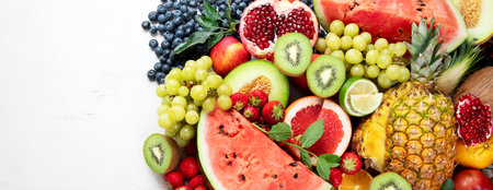 Fresh fruits, assorted fruits on a white background. Vitamins natural nutrition concept. Panorama...