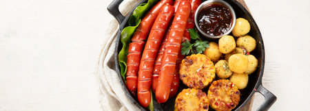 Grilled sausages with potatoes and corn in a pan on a white background. top view. panorama.