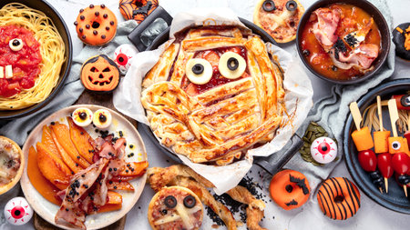 Fun Halloween dinner party table scene on a gray background. top view. Pizza, pie, spaghetti and snacks.の写真素材