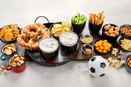 Salty snacks and beer for football time on a white background. top view.の写真素材