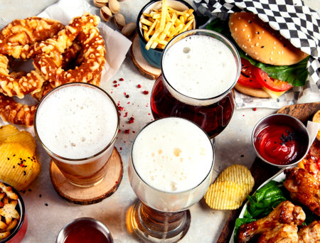 Fast food dish. Juicy burger, chicken wings, snacks, sauces and glasses of cold beer on light background. Top view.の写真素材