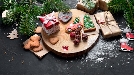 Christmas mix cookies, traditional Xmas chocolate Gingerbreads with holiday decoration, gifts, Christmas tree branch on dark backgrount, top view.の写真素材