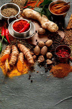 Spices on dark background. Different variations. Top view, copy space.の写真素材