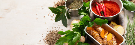 Variety of spices and herbs on a light background. Top view. Panorama with copy space.の写真素材