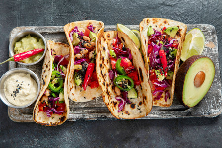 Mexican street tacos flat lay composition with lime, pepper and sauce. Top view.の写真素材