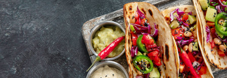 Mexican street tacos flat lay composition with lime, pepper and sauce. Top view.の写真素材