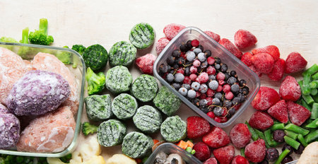 Frozen food, vegetables, fruits, meat, bread and fish on a white background. Top view, copy space.の写真素材