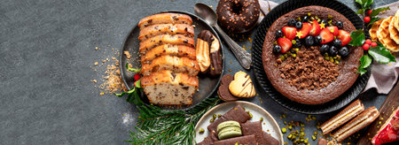 American Christmas sweets on dark background. Traditional food. Winter holidays concept. Top view.