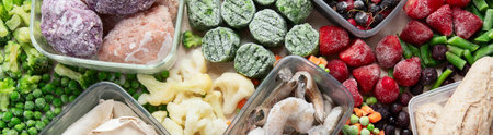 Frozen food, vegetables, fruits, meat, bread and fish on a white background. Top view, panorama banner.の写真素材