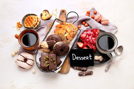 Cup of coffee with waffle, cookies, cake and dunut on light background. Hot drink and desserts. Top view.の写真素材