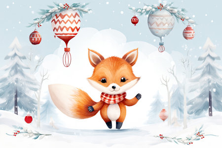 Xmas greeting card with cute little fox. Winter holidays concept. Watercolor illustration.の素材