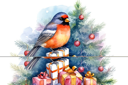 Christmas Poster. illustration of Christmas Background with branches of christmas tree and bullfinch. Post processed AI generated imageの素材