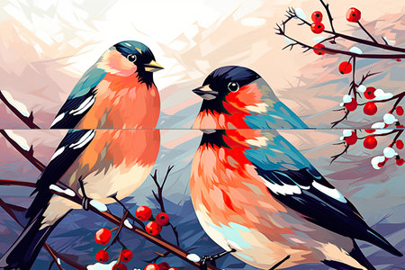 Christmas Poster. illustration of Christmas Background with branches of christmas tree and bullfinch. Post processed AI generated imageの素材