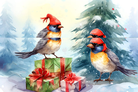 Christmas Poster. illustration of Christmas Background with branches of christmas tree and bullfinch. Post processed AI generated imageの素材