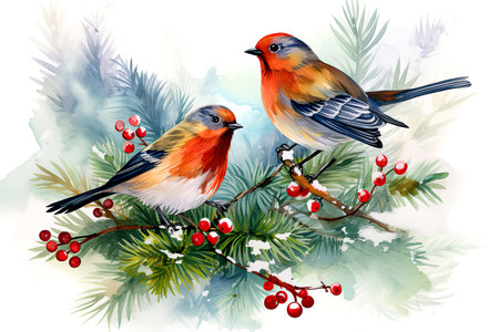 Christmas Poster. illustration of Christmas Background with branches of christmas tree and birdの素材