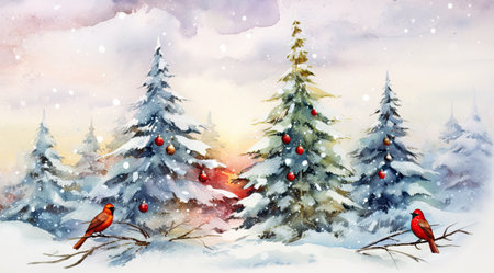 Winter landscape with birds and fir trees. Watercolor hand drawn illustrationの素材