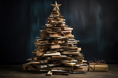 Christmas tree made of old books on wooden table and dark background.の素材