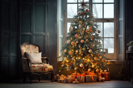 Christmas tree with gifts in the interior of the room with a chairの素材