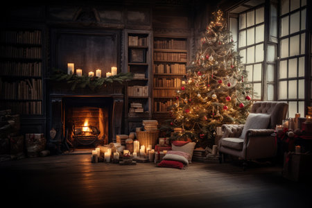 Interior of cozy living room with decorated Christmas tree, fireplace, armchair and armchair. New Year concept.の素材