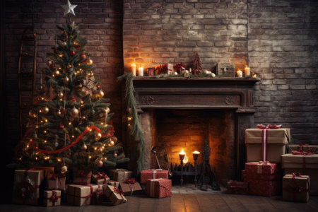Christmas tree, fireplace and gifts in the living room at home.の素材