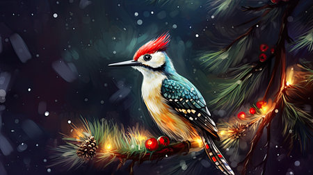 Woodpecker on a branch of Christmas tree. Watercolor paintingの素材