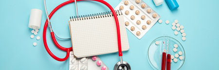 Various medical equipment, ampoules, pipette, drugs, tablets, capsules, spray on blue background. Top view. Panorama.の写真素材