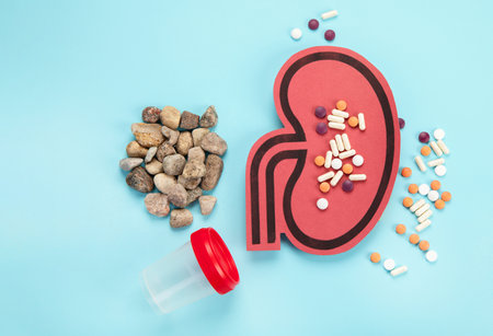 Kidney and differents pills on blue background. Organ diseases and treatment.
