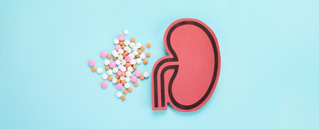 Kidney and differents pills on blue background. Organ diseases and treatment.