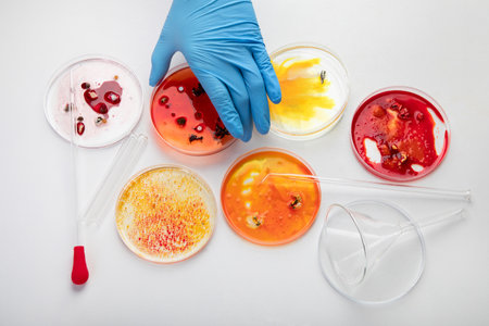 Background with laboratory petri dish. Microbiology science. Top view.の写真素材