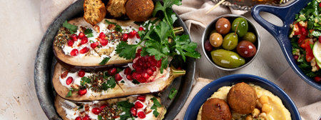 Middle eastern or Arabic dishes on light background. Tasty traditional food. Top view, copy spaceの写真素材