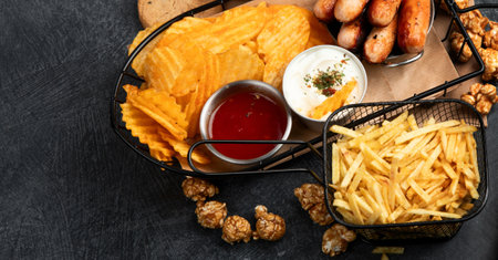 Unhealthy food i basket. TV remote control and snacks - chips, popcorn, cookies, cheese, sauce, fries, pizza. Top view, copy spaceの写真素材