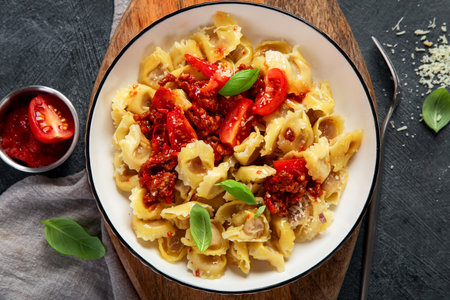 Traditional Italian food. Dish with ravioli, tomato, Sun-dried tomatoes, basics and gratified cheese. Tasty pasta. Top viewの写真素材