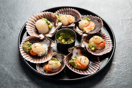 Baked scallops in seashells with sauce and spices on a black stone plate on a dark background....