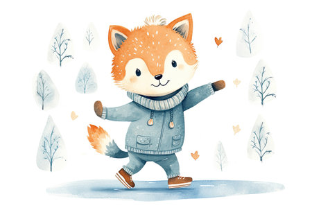 Happy wild animal cub ice skating. scandinavian style illustration. Winter outdoor fun.の素材