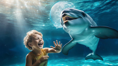 Little blonde hair boy playing with a dolphin in a huge pool with a ball. Friendship between a child and an animal.の素材