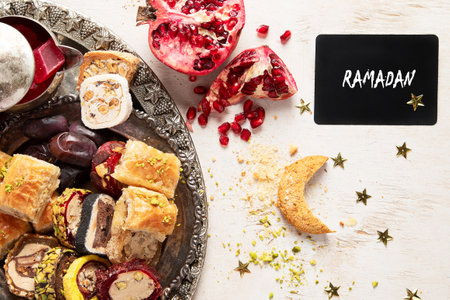 Traditional Turkish, Arabic dessert baklava assortment with pistachio. Ramadan sweets. Top view.の写真素材