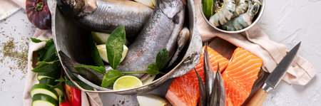 Fish with aromatic herbs, spices and vegetables - healthy food, diet or cooking concept on a white background. Top view.の写真素材