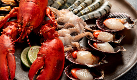 Plate of seafood with fresh lobster, mussels, oysters as an ocean gourmet dinner on a dark...