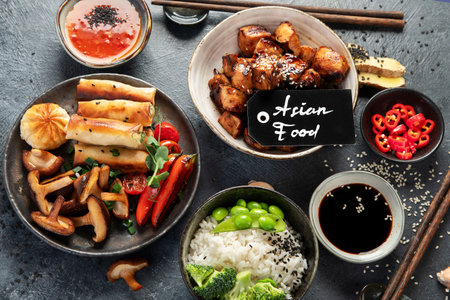 Chicken teriyaki on dark background with sauces, rice, vegetables and sesame seeds. Asian food. Top view.の写真素材
