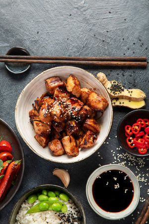 Chicken teriyaki on dark background with sauces, rice, vegetables and sesame seeds. Asian food. Top view. Copy space.の写真素材