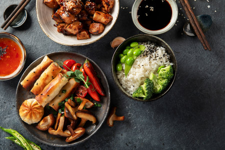 Chicken teriyaki on dark background with sauces, rice, vegetables and sesame seeds. Asian food. Top view.の写真素材