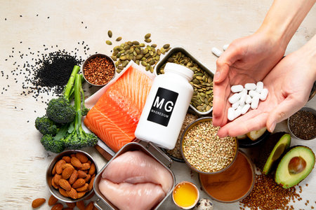 Foods containing natural magnesium (Mg). Healthy food concept. Top viewの写真素材