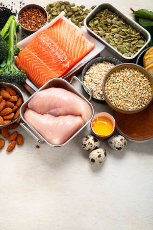 Foods containing natural magnesium (Mg). Healthy food concept. Top view, copy spaceの写真素材